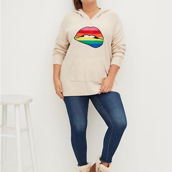 Torrid RAGLAN HOODIE SWEATER - RAINBOW LIPS OATMEAL Size 2” - Picture 2 of 8